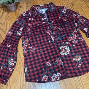 NWOT New York Laundry Floral Plaid Flannel Sz S